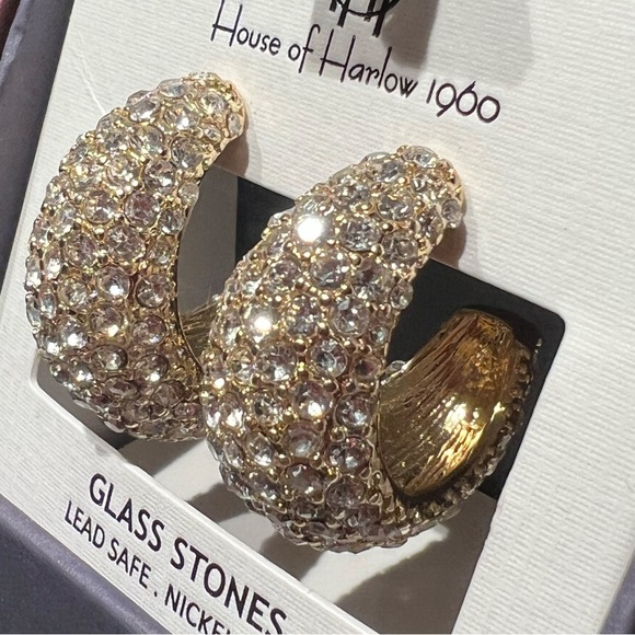 House of Harlow 1960 Jewelry - House of Harlow 1960 NWT Half Hoop Gold Tone Sparkling Glass Rhinestone Earrings